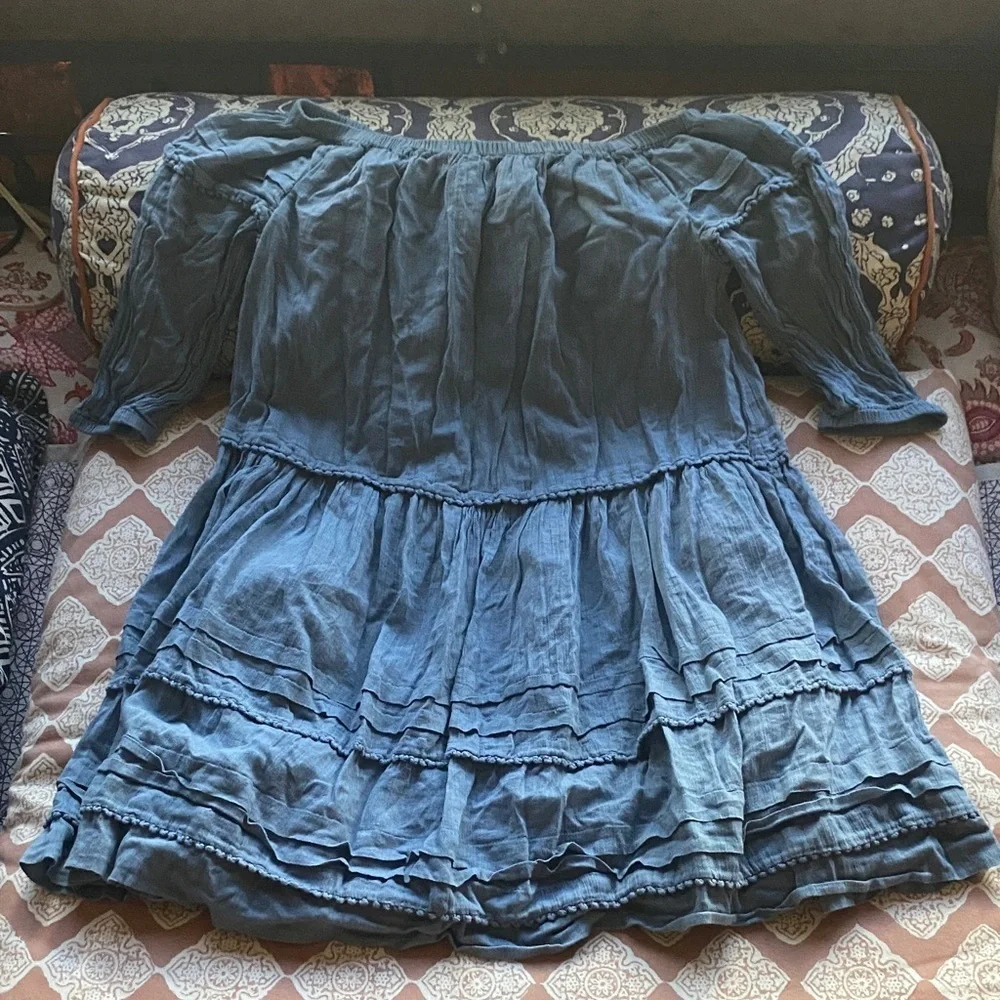 Polo Ralph Lauren Girls Blue Cotton Ruffled Chambray Dress Lined Mini size 12